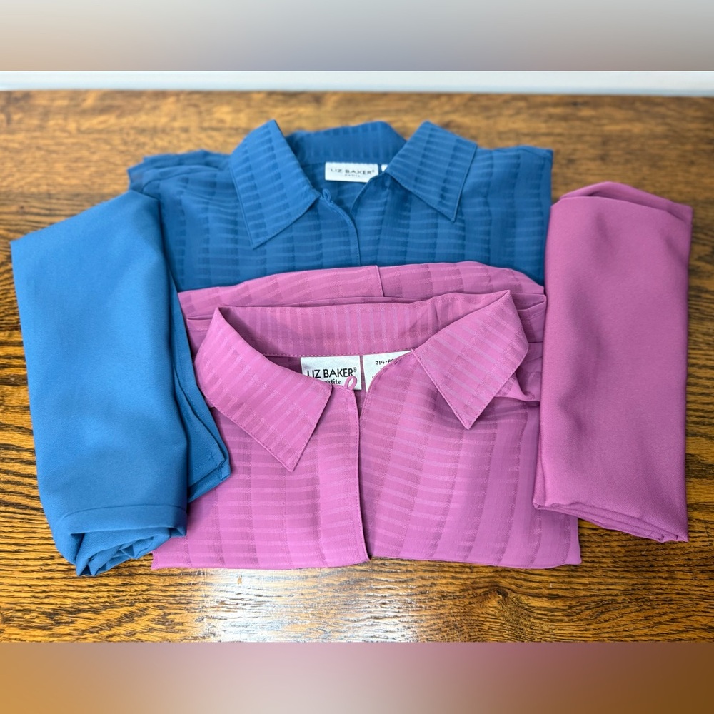 Liz Baker VINTAGE 4 Pc. Dress Shirt/Tank Sheer Bundle Magenta & Blue 6 Petite
